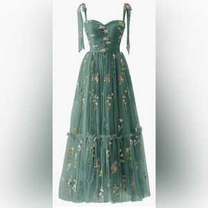 Green Floral Embroidered Tulle Prom Dress